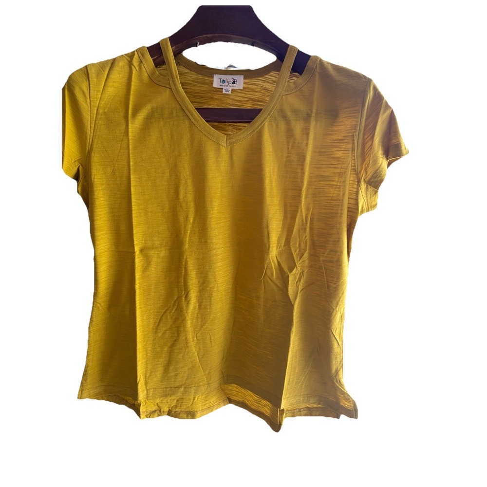 Tulip B Slub Knit Shirt Women's Large Mustard Yellow Cotton Cold Shoulder V-Neck - Picture 3 of 8